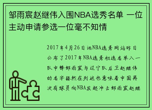 邹雨宸赵继伟入围NBA选秀名单 一位主动申请参选一位毫不知情